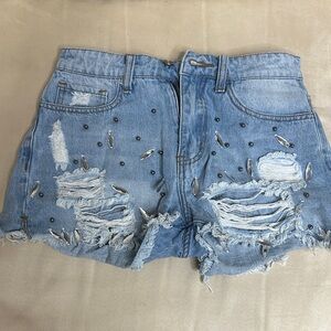 Studded Light Blue Denim Shorts